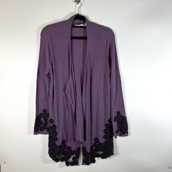 SOFT SURROUNDINGS Purple Boho‎ Cotton Open Front Duster Jacket Top L Embroidered - Picture 1 of 10